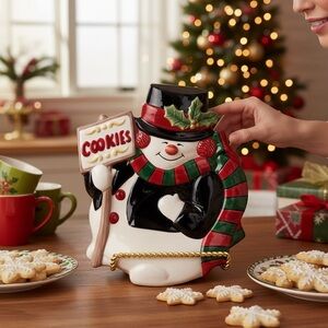 Fitz and Floyd Festive Snowman with Holly Canapé Plate Red/Green/Black EUC